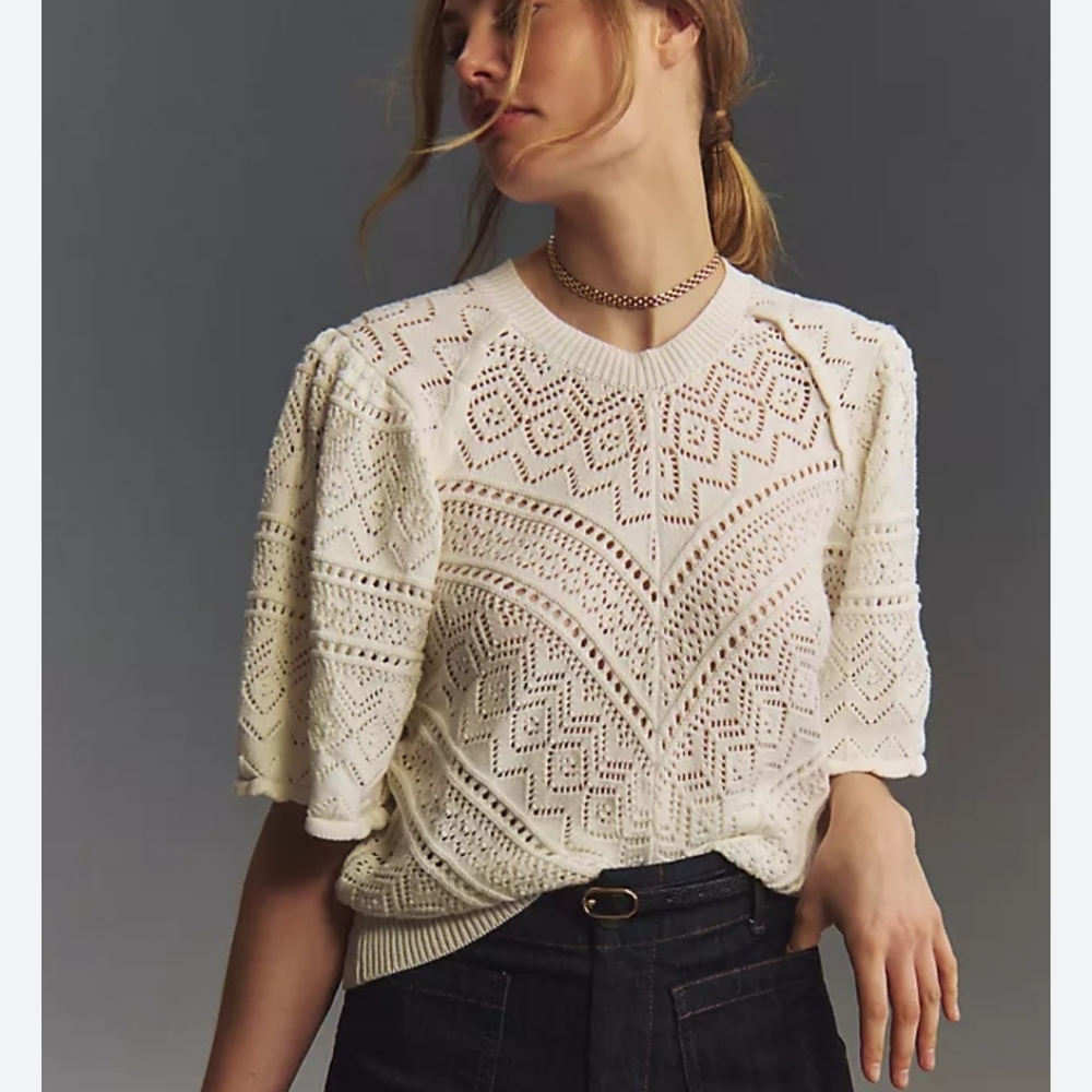 Anthropologie Bishop And Young Eva Pointelle Sweater In Salt Size Large Crochet
